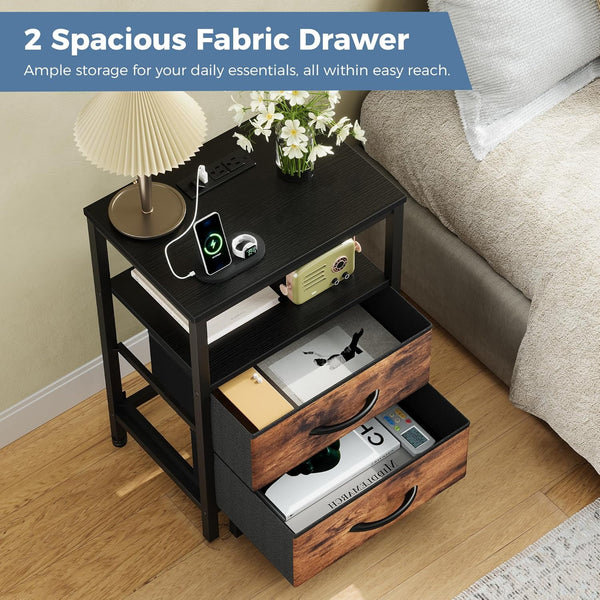 SWEETCRISPY 2-Drawer Nightstand with Charging Station, USB & Type-C Ports, Adjustable Fabric Drawers, Sturdy Metal Frame, Space-Saving Design for Bedroom & Living Room