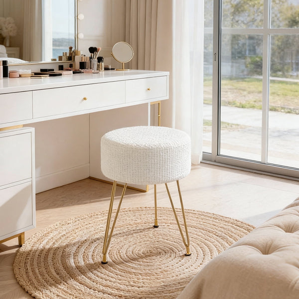 Sweetcrispy Ottoman Vanity Stool, Round Cushioned Seat with Gold Legs, Multi-Functional Footrest & Vanity Chair for Bedroom & Living Room