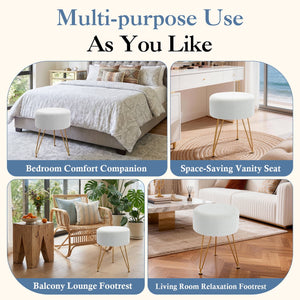 Sweetcrispy Ottoman Vanity Stool, Round Cushioned Seat with Gold Legs, Multi-Functional Footrest & Vanity Chair for Bedroom & Living Room
