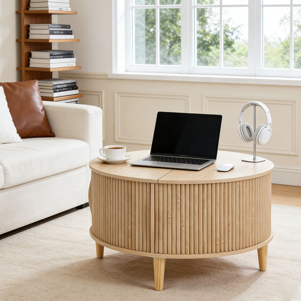 Sweetcrispy Round Flip-Top Coffee Table with Storage, Wood-Look Finish