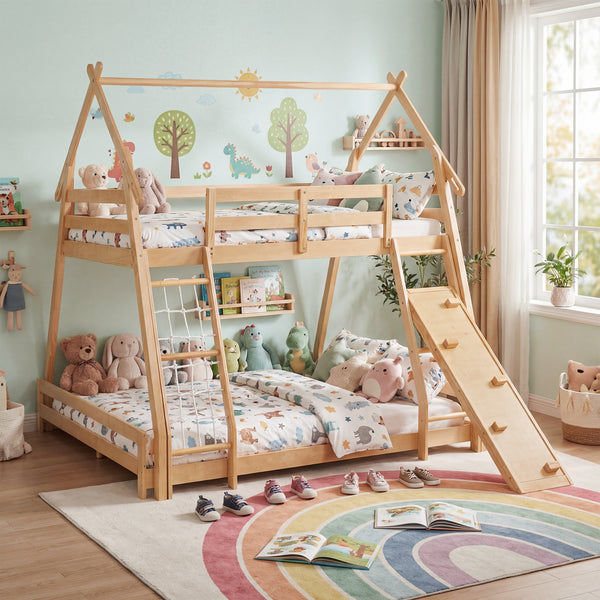 Sweetcrispy Bunk Bed Twin Over Full with Climbing Net & Ramp, Wooden Roof for Kids’ Bedroom
