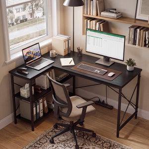 Sweetcrispy, L Shaped Computer Desk with Storage Shelves, Corner Office Desk