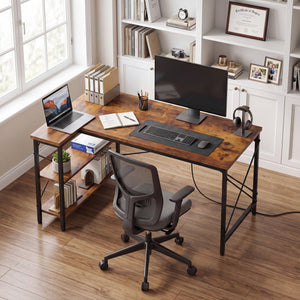 Sweetcrispy, L Shaped Computer Desk with Storage Shelves, Corner Office Desk