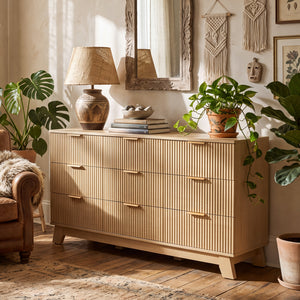 Sweetcrispy Modern Fluted 9-Drawer Dresser, Wide Wood Chest with Metal Handles, Natural Oak