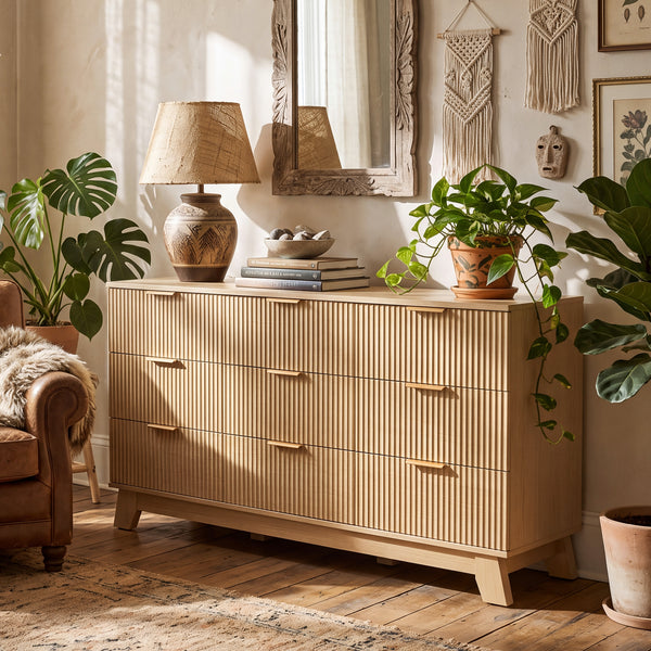Sweetcrispy Modern Fluted 9-Drawer Dresser, Wide Wood Chest with Metal Handles, Natural Oak