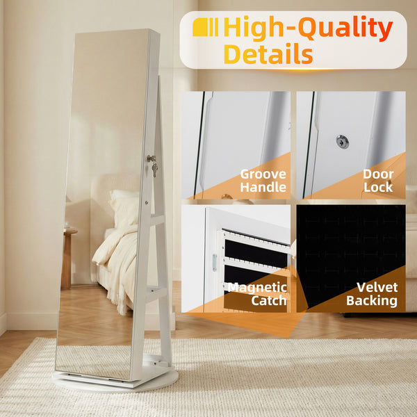 Sweetcrispy 360° Rotating Jewelry Cabinet with Round Rolling Swivel Base, Built-in Bright LED Lights, Large Capacity Space-Saving Vertical Jewelry Armoire
