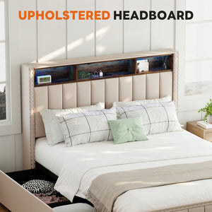 Sweetcrispy Upholstered Bed Frame with 4 Storage Drawers, Headboard, and Power Outlets