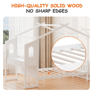 Sweetcrispy Wooden House Bed Frame with built-in Desk for Children, White