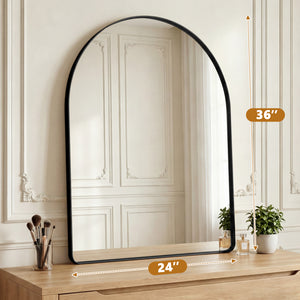 Sweetcrispy Arched-Top Rectangular Wall-Mounted Mirror – Aluminum Frame, HD Tempered Glass, Perfect for Bathroom, Bedroom & Living Room