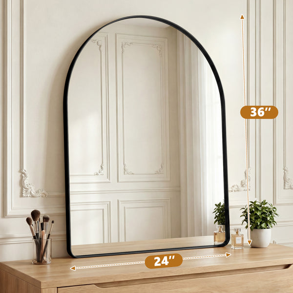 Sweetcrispy Arched-Top Rectangular Wall-Mounted Mirror – Aluminum Frame, HD Tempered Glass, Perfect for Bathroom, Bedroom & Living Room