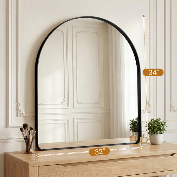 Sweetcrispy Arched-Top Rectangular Wall-Mounted Mirror – Aluminum Frame, HD Tempered Glass, Perfect for Bathroom, Bedroom & Living Room