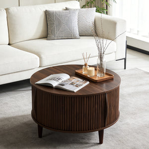 Sweetcrispy Round Flip-Top Coffee Table with Storage, Wood-Look Finish
