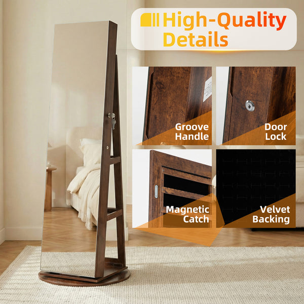 Sweetcrispy 360° Rotating Jewelry Cabinet with Round Rolling Swivel Base, Built-in Bright LED Lights, Large Capacity Space-Saving Vertical Jewelry Armoire