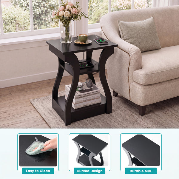 Sweetcrispy 3-Tier End Table with Charging Station for Living Room & Bedroom