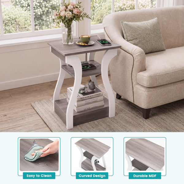 Sweetcrispy 3-Tier End Table with Charging Station for Living Room & Bedroom