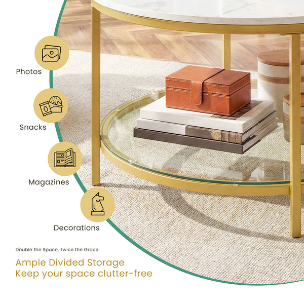 Sweetcrispy Round Coffee Table with Faux Marble Top & Glass Shelf for Living Room