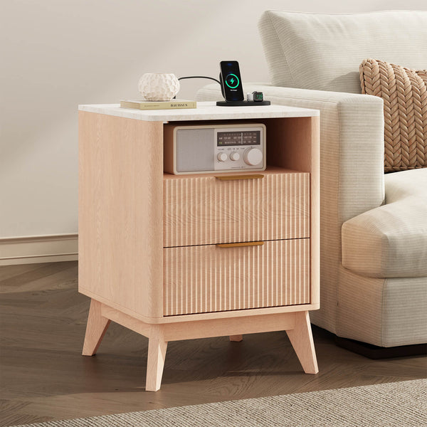 Sweetcrispy Wooden Nightstand with AC Outlets – Mid-Century Design