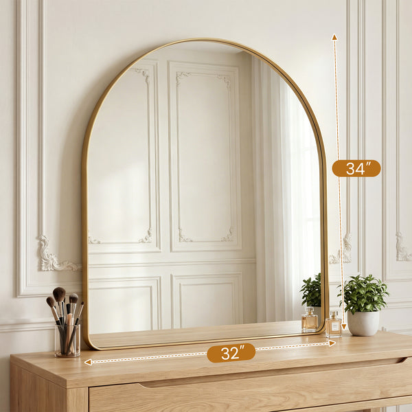 Sweetcrispy Arched-Top Rectangular Wall-Mounted Mirror – Aluminum Frame, HD Tempered Glass, Perfect for Bathroom, Bedroom & Living Room