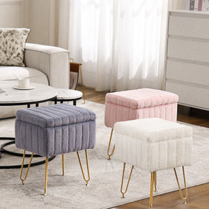 Sweetcrispy Vanity Stool Chair with 4 Metal Legs Anti-Slip Adjustable Feet, Faux Fur Seat, Storage Space
