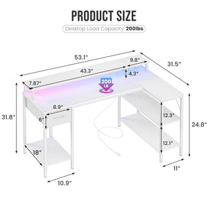 Sweetcrispy L Shaped Computer Gaming Desk with USB Charging Ports & LED Lights, Reversible Corner Table with Power Outlets Monitor Stand for Home Office