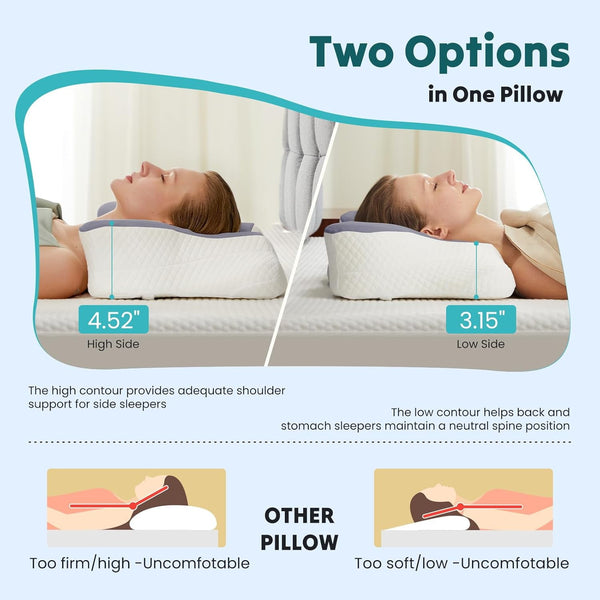 SWEETCRISPY Queen Size Cervical Neck Pillow, Memory Foam with Ice Silk Cover, Ergonomic Contour Design, Cooling & Breathable
