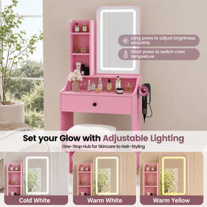 Sweetcrispy 24" Vanity Desk with Mirror, LED Makeup Vanity with 3 Light Modes & Power Outlet, Storage Drawers & Stool, Dressing Table for Bedroom