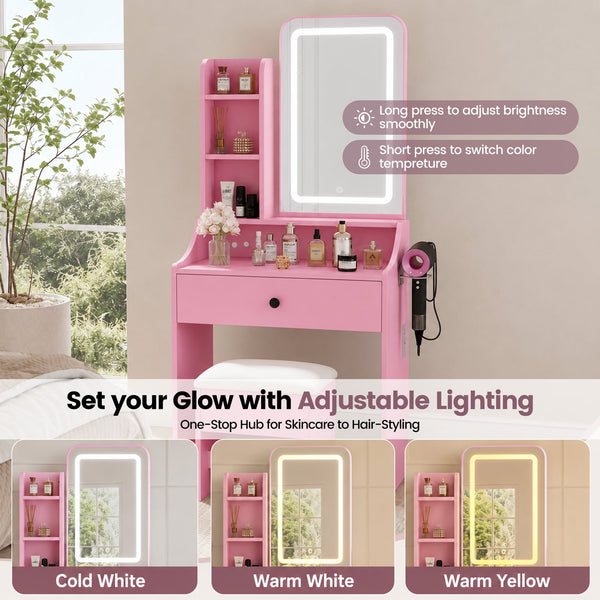 Sweetcrispy 24" Vanity Desk with Mirror, LED Makeup Vanity with 3 Light Modes & Power Outlet, Storage Drawers & Stool, Dressing Table for Bedroom