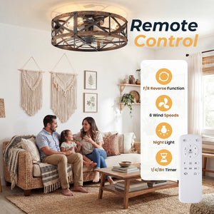 Sweetcrispy Farmhouse Caged Ceiling Fan with Light Flush Mount Fandelier Remote Dimmable LED for Bedroom Living Room Kitchen