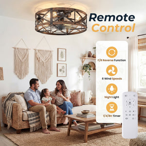 Sweetcrispy Farmhouse Caged Ceiling Fan with Light Flush Mount Fandelier Remote Dimmable LED for Bedroom Living Room Kitchen