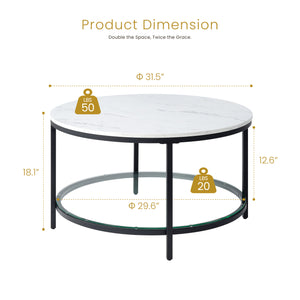 Sweetcrispy Round Coffee Table with Faux Marble Top & Glass Shelf for Living Room