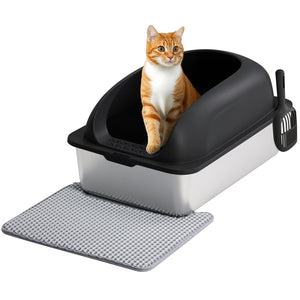 Sweetcrispy Stainless Steel Cat Litter Box with Scoop & Double-Layer Mat
