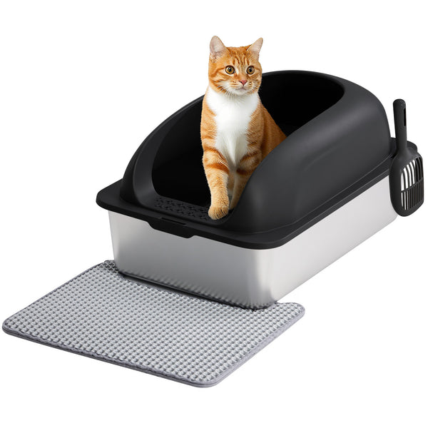 Sweetcrispy Stainless Steel Cat Litter Box with Scoop & Double-Layer Mat