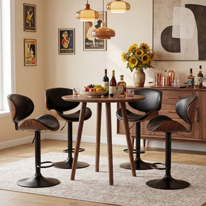 Sweetcrispy Adjustable Bentwood Bar Stools with PU Leather Upholstery and Footrest-Set of 2