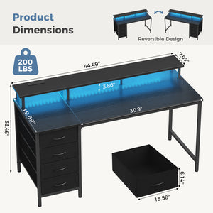 Sweetcrispy Computer Desk with 4 Drawers, Monitor Stand & LED Lights for Home Office