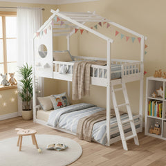 Sweetcrispy Low-Profile Twin House Bunk Bed with Side Ladder and Built-In Shelf