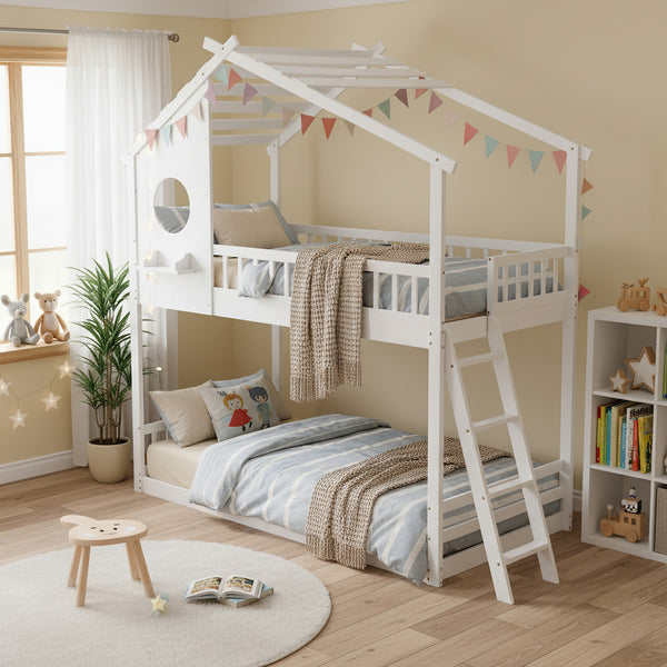 Sweetcrispy Low-Profile Twin House Bunk Bed with Side Ladder and Built-In Shelf