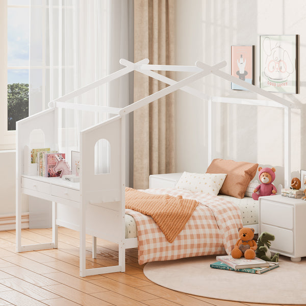 Sweetcrispy Wooden House Bed Frame with built-in Desk for Children, White