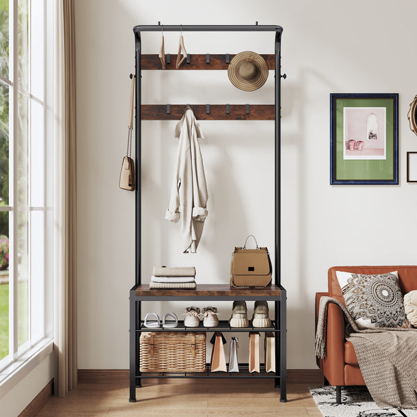 Sweetcrispy Modern Coat Rack with Shoe Bench, Hall Tree for Living Room