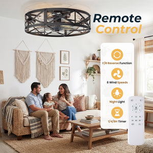 Sweetcrispy Farmhouse Caged Ceiling Fan with Light Flush Mount Fandelier Remote Dimmable LED for Bedroom Living Room Kitchen