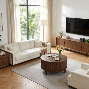 Sweetcrispy Round Flip-Top Coffee Table with Storage, Wood-Look Finish