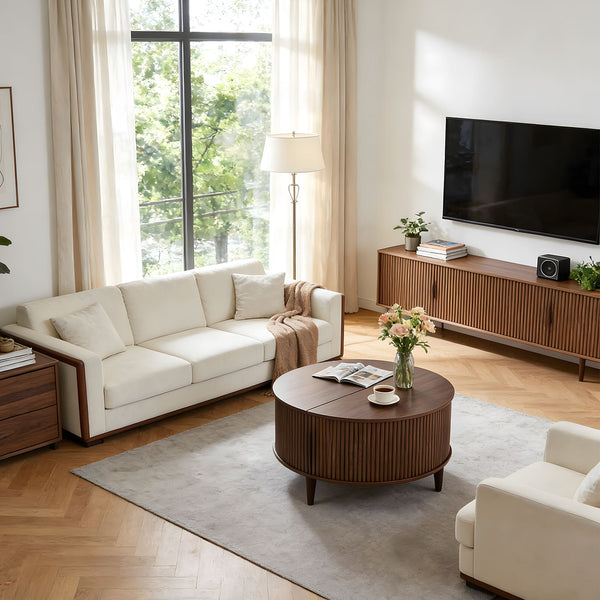 Sweetcrispy Round Flip-Top Coffee Table with Storage, Wood-Look Finish