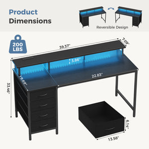 Sweetcrispy Computer Desk with 4 Drawers, Monitor Stand & LED Lights for Home Office