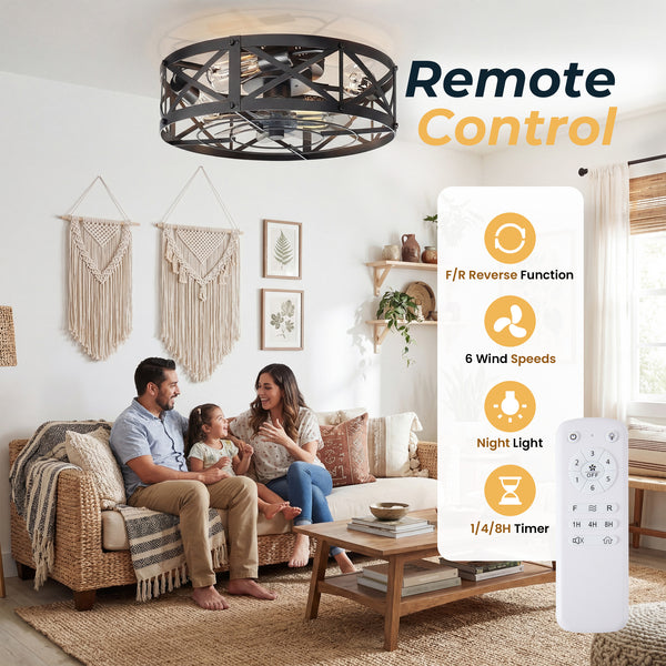 Sweetcrispy Farmhouse Caged Ceiling Fan with Light Flush Mount Fandelier Remote Dimmable LED for Bedroom Living Room Kitchen