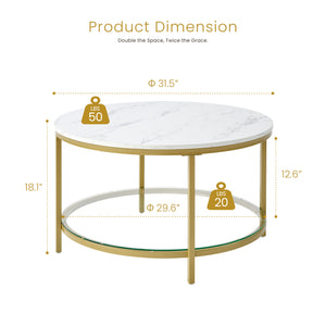 Sweetcrispy Round Coffee Table with Faux Marble Top & Glass Shelf for Living Room