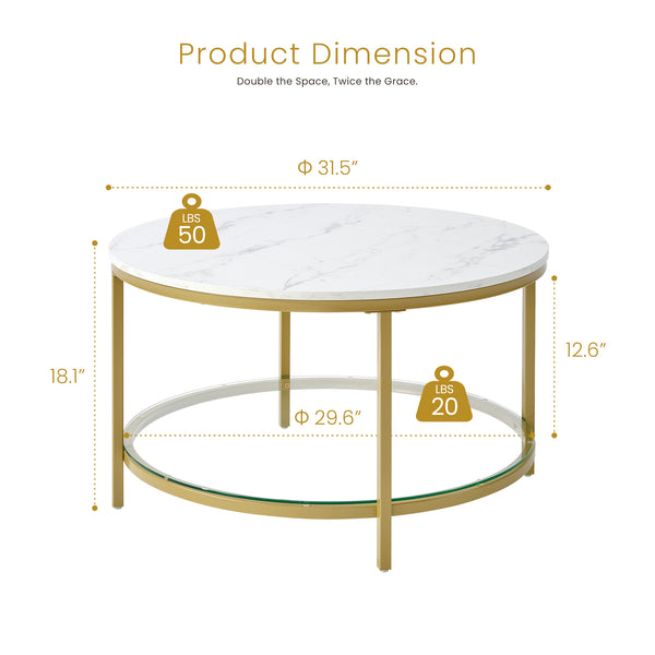 Sweetcrispy Round Coffee Table with Faux Marble Top & Glass Shelf for Living Room