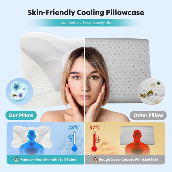 SWEETCRISPY Queen Size Cervical Neck Pillow, Memory Foam with Ice Silk Cover, Ergonomic Contour Design, Cooling & Breathable