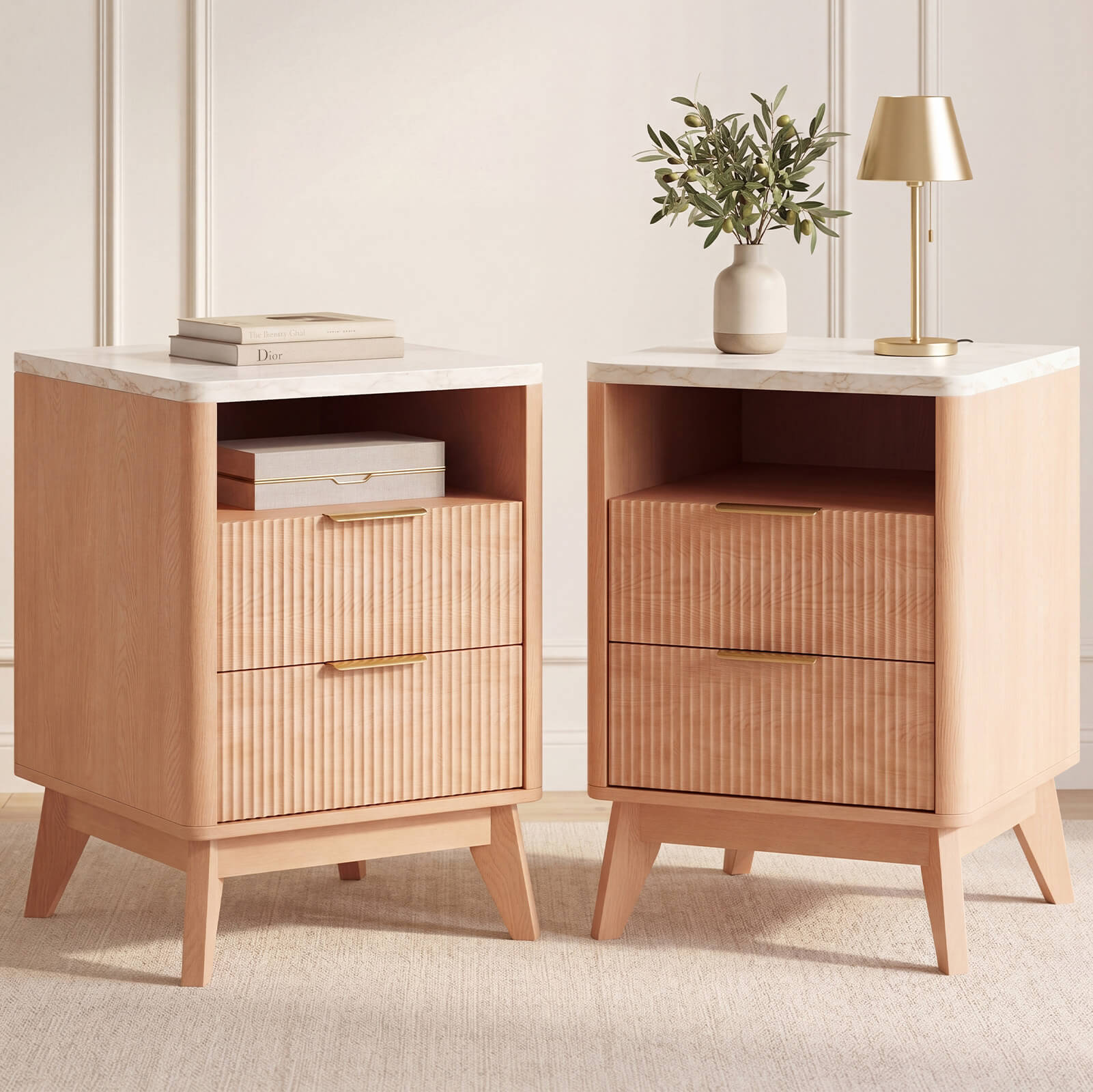 Sweetcrispy Wooden Nightstand with AC Outlets – Mid-Century Design