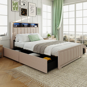 Sweetcrispy Upholstered Bed Frame with 4 Storage Drawers, Headboard, and Power Outlets