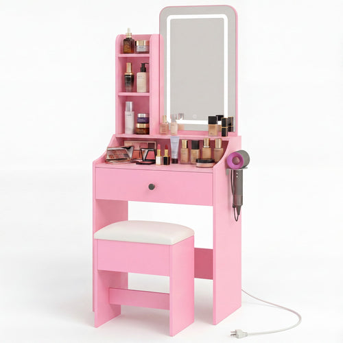 Sweetcrispy 24" Vanity Desk with Mirror, LED Makeup Vanity with 3 Light Modes & Power Outlet, Storage Drawers & Stool, Dressing Table for Bedroom