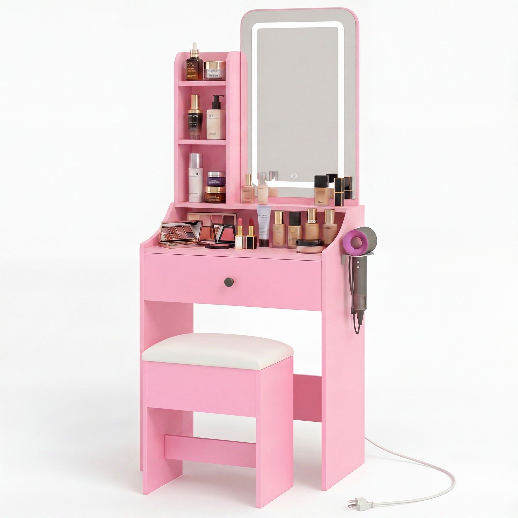Sweetcrispy 24" Vanity Desk with Mirror, LED Makeup Vanity with 3 Light Modes & Power Outlet, Storage Drawers & Stool, Dressing Table for Bedroom